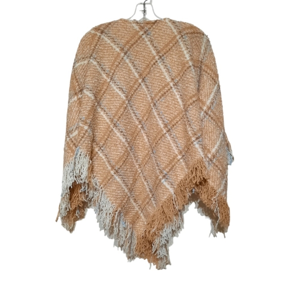 IRISH ALPACA Fringe Plaid Poncho Cape Sweater BOYNE VALLEY WEAVERS Tan Blue OS - Picture 4 of 10